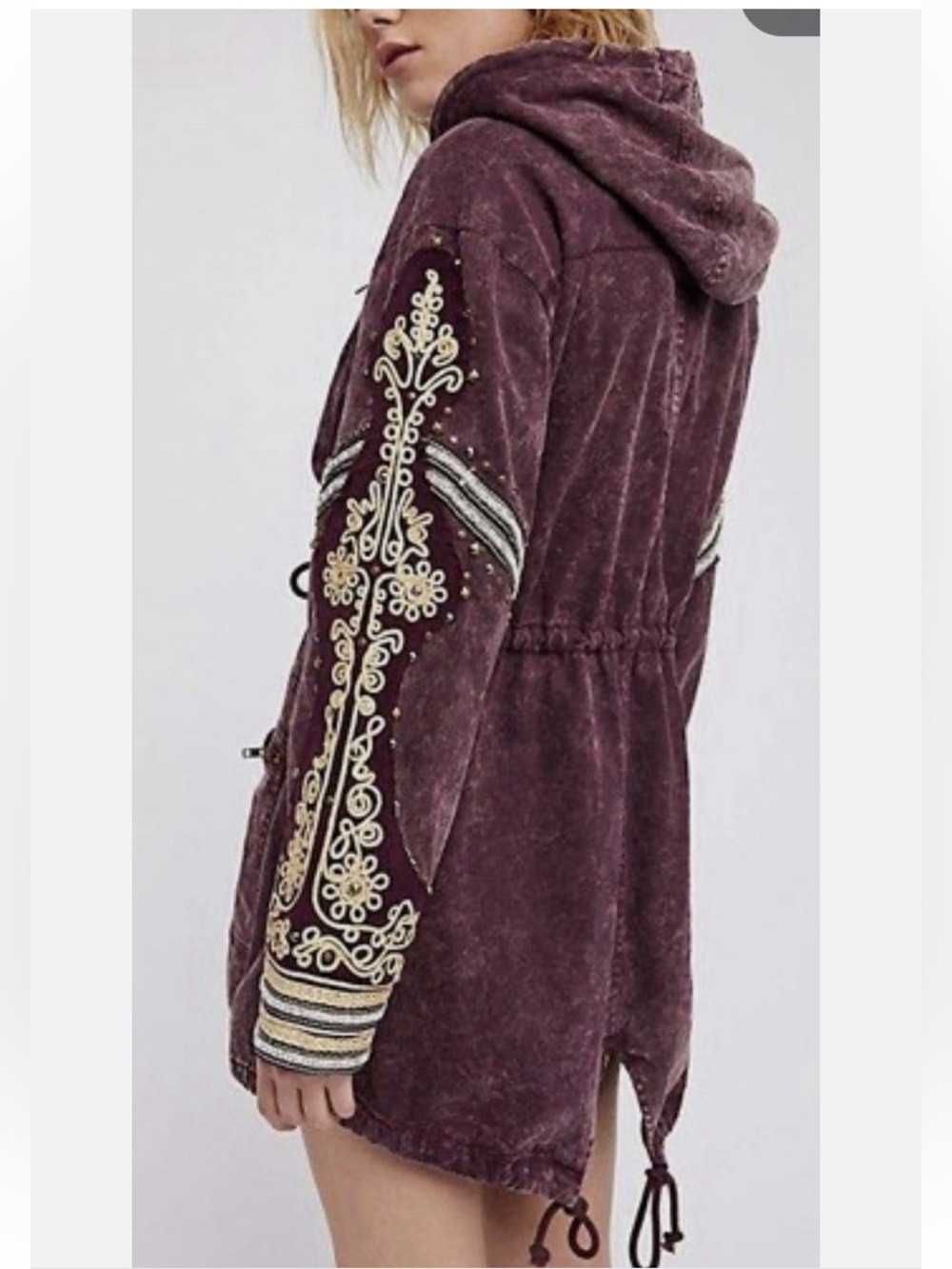 Free People Golden Quills Military Parka Jacket Size S Boho Merlot Burgundy - Picture 3 of 14